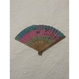 VTG Paper & Wood Occupied Japan Fan Flowers Birds Blue Pink Green Asian Decor